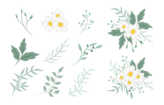 white and pastel green flowers arrangement and element set vector