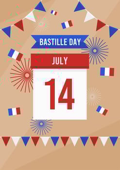 bastille day poster with calendar showing 14 july and some french flags for bastille day celebration vector