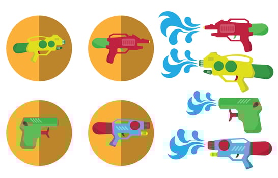 Bright colored water gun icon with water, vector illustration on white background, Songkran festival in Thailand, summer activities.