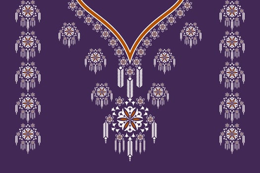 Ethnic neck embroidery V-shape geometric flower pattern design with uba on purple color background. Tribal art fashion for shirts. vector