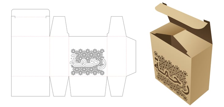 Box with stenciled word MERCY in Arabic pattern die cut template and 3D mockup vector