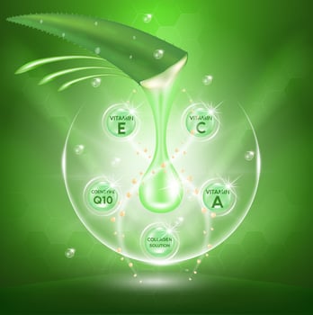 Aloe vera plant with fresh drops and dropper glass bottle. Collagen and vitamin serum. Skin care, Beauty cosmetics product ads poster design. Realistic 3d vector illustration