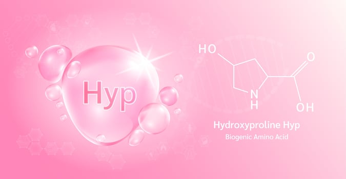 Water drop Important amino acid Hydroxyproline Hyp and structural chemical formula. Hydroxyproline on a pink background. Medical and scientific concepts. 3D Vector Illustration.