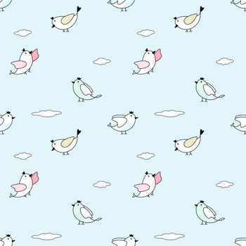 Vector - Abstract seamless pattern of cute bird flying on blue sky with cloud. Cartoon style. Can be use for print, paper, wrapping, fabric.