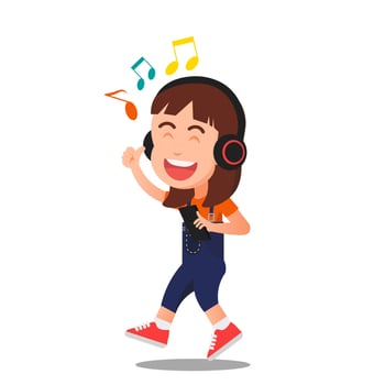 a little girl cheerfully listening to music with headphone vector