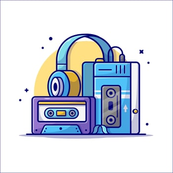 Old Music Player with Cassette and Headphone Music  Cartoon Vector Icon Illustration. Technology Art Icon Concept  Isolated Premium Vector. Flat Cartoon Style