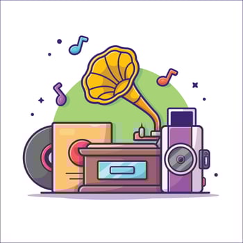Old Music Player with Gramophone , Camera, and Vinyl  Music Cartoon Vector Icon Illustration. Technology Art Icon  Concept Isolated Premium Vector. Flat Cartoon Style