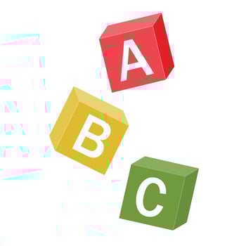 Falling Wooden Alphabet Cubes with letters A, B, C, color vector isolated illustration