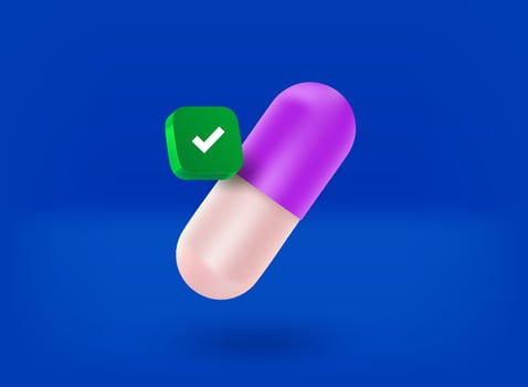 Capsule with checkmark pictogram. 3d vector illustration