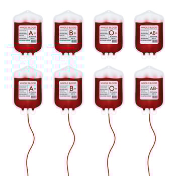 Blood bag red with label different blood group A, B, O and Rh system. Blood donation ideas to help the injured medical. 3D Vector EPS10 illustration