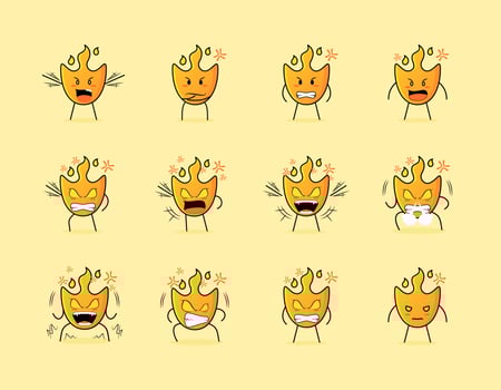 collection of cute fire cartoon character with angry expression. suitable for icon, logo, symbol and sign. such as emoticon, sticker, mascot or element logo vector