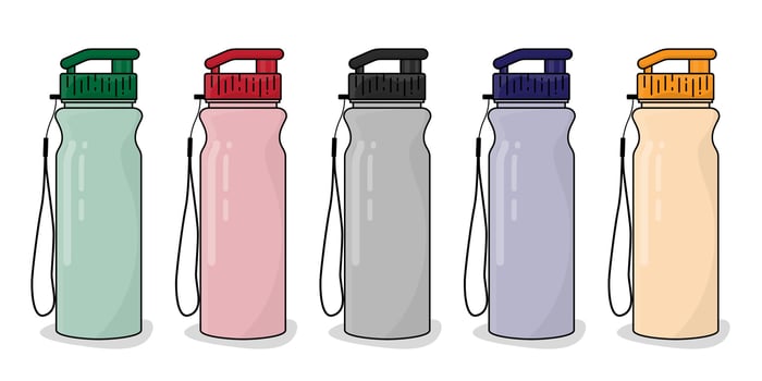 Plastic bottle or vacuum flask with cap and rope template for packaging design vector