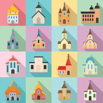 Church icons set, flat style vector