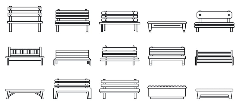 Street bench icons set, outline style vector