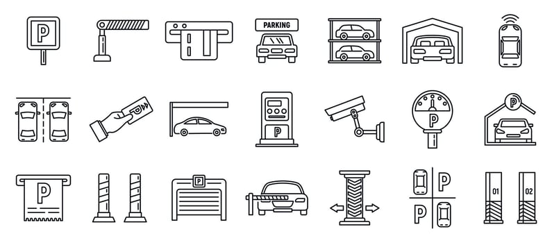 Underground parking garage icons set, outline style vector