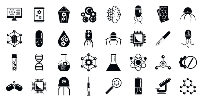 Nanotechnology lab icons set, simple style vector