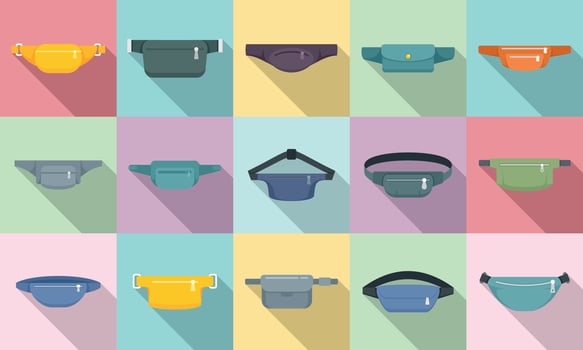 Waist bag icons set, flat style vector
