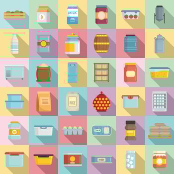 Food storage icons set, flat style vector