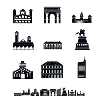 Milan Italy city skyline icons set, simple style vector