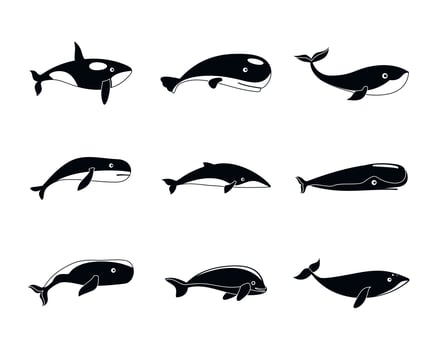 Whale blue tale fish icons set, simple style vector