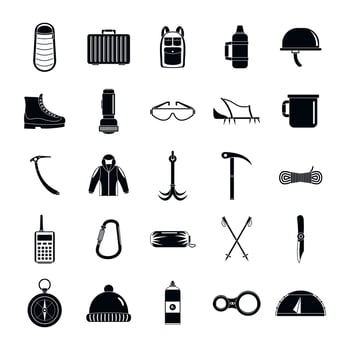 Mountaineering equipment icons set, simple style vector