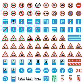 Traffic road sign collection icons set, flat style vector
