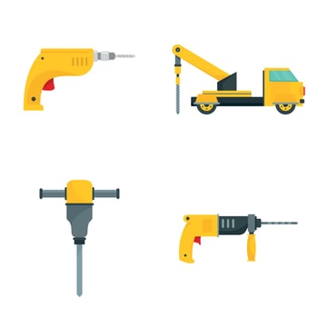 Drilling machine electric icons set, flat style vector