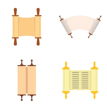 Torah scroll book bible icons set, flat style vector