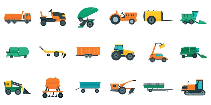Agricultural machines icons set, flat style vector