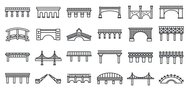 Bridges construction icons set, outline style vector