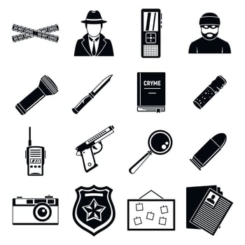 Detective crime investigation icons set, simple style vector