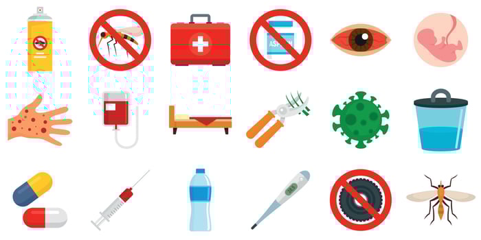 Zika virus icons set, flat style vector