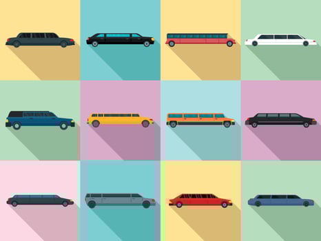 Limousine icons set, flat style vector