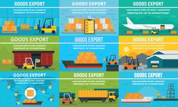 Goods export banner set, flat style vector