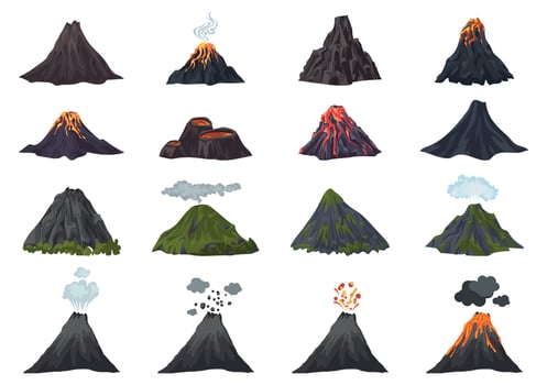 Volcano icons set, cartoon style vector