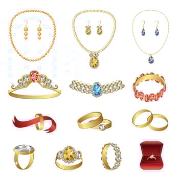 Jewellery icons set, cartoon style vector