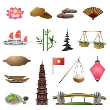 Vietnam icons set, cartoon style vector