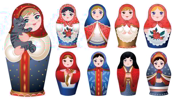 Nesting doll icons set, cartoon style vector