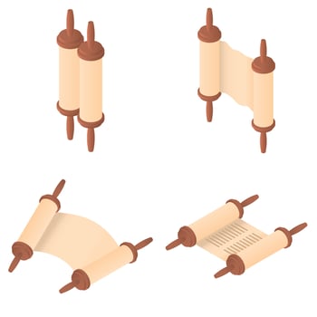 Torah scroll bible icons set, isometric style vector