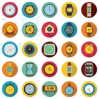 Time and clock icons set, flat style vector