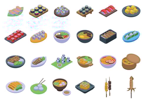 Japanese food icons set isometric vector. Japan tempura vector