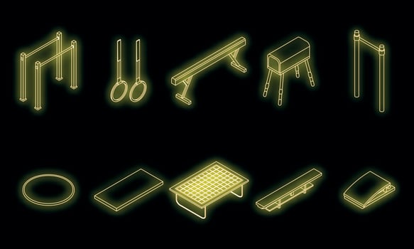 Gymnastics equipment icons set vector neon