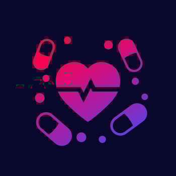 pills and heart, cardiac medication icon vector