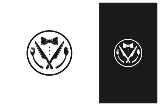 Bow tie, tuxedo, utensil restaurant logo vector