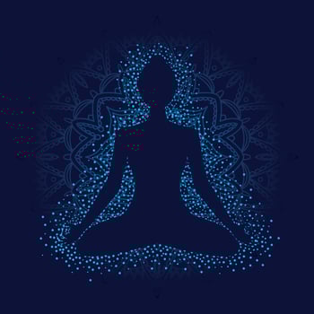 Girl in lotus position on blue background with mandala. vector