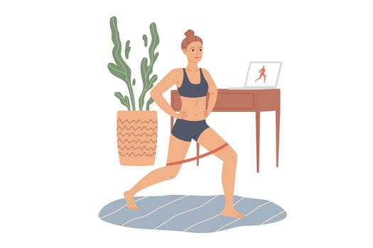 Woman does lunges with a rubber loop resistance band. Exercises for the legs and buttocks at home vector