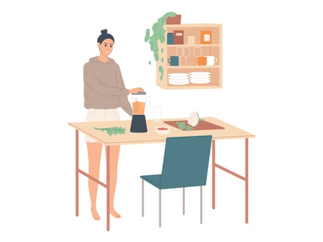 Woman at home in the kitchen cooks food using a blender. vector