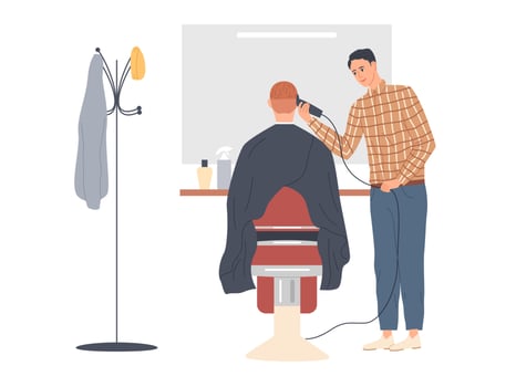 Hairdresser cutting hair of male client. Rear view. vector