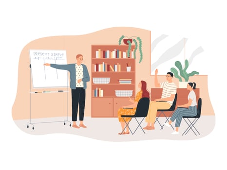 Studying English. A teacher at the whiteboard explains the grammar to the pupils. vector