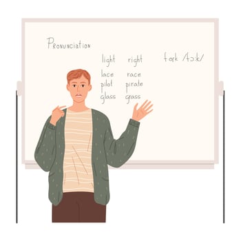 The teacher shows how to pronounce words correctly, improve accent vector